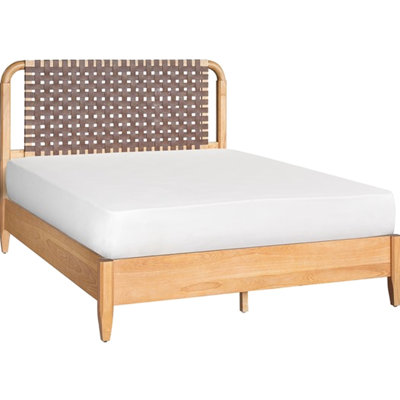 Grand lit moderne en similicuir tissé de style Mid-Century, tête de lit ouverte, rails en bois massif, coins arrondis, 5 lattes, pour sommier tapissier avec lattes latérales plaquées