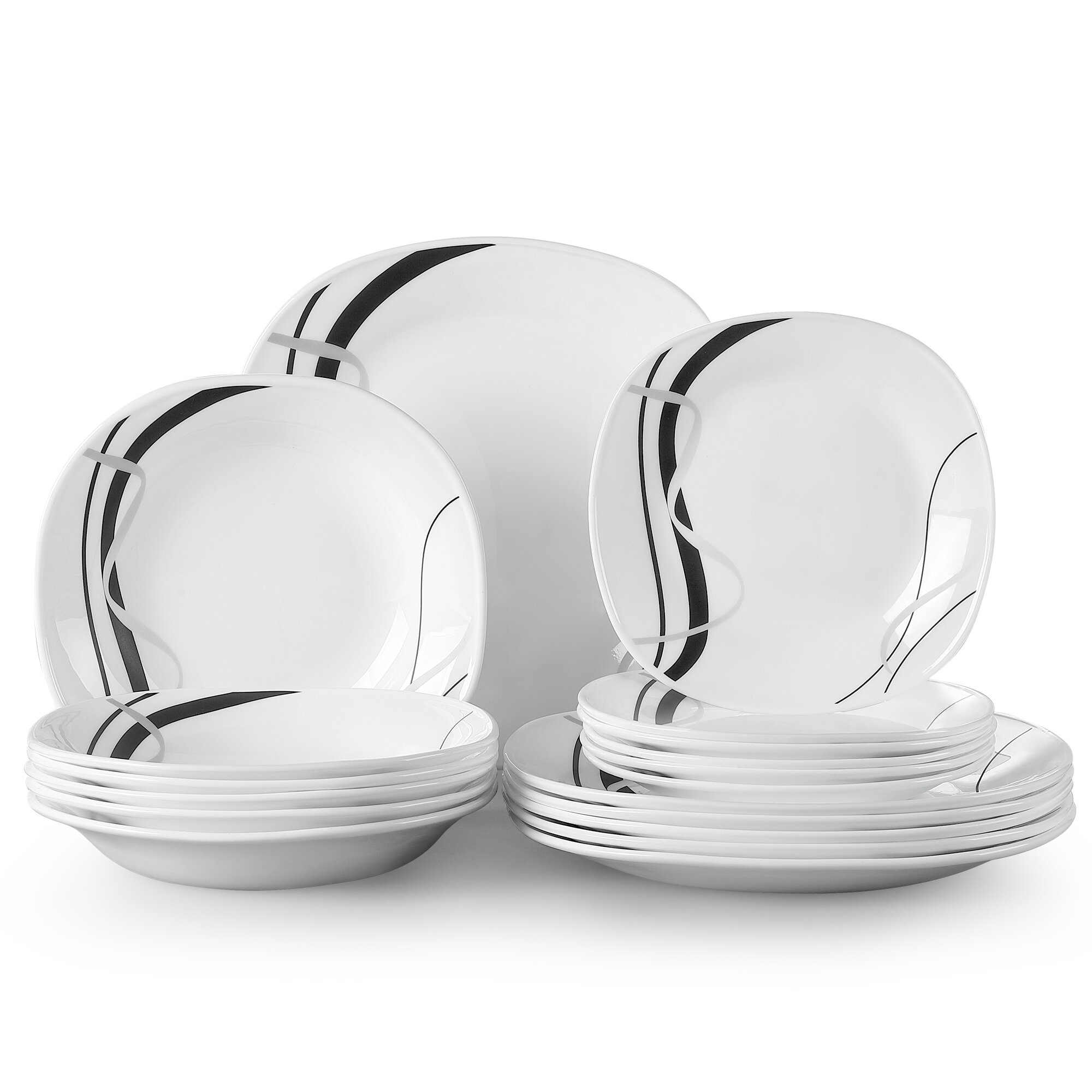 VEWEET, Series Fiona, 30-Piece Dinnerware Sets for 6, White Dishes Set with  Black and Gray Stripes, Porcelain Dinner Set Including Dessert Plates