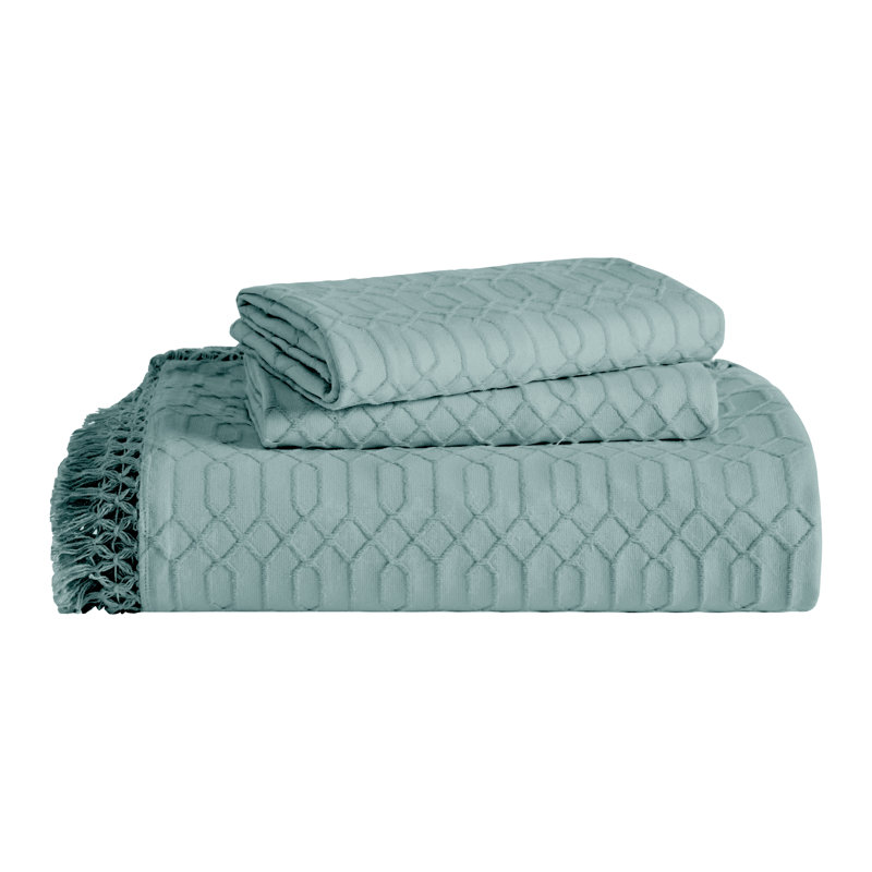 Remi All Season Breathable Jacquard Geometric Fringe Cotton-Poly Blend Bedspread Set With Shams, Aqua, Twin 2Pc Bedspread Set