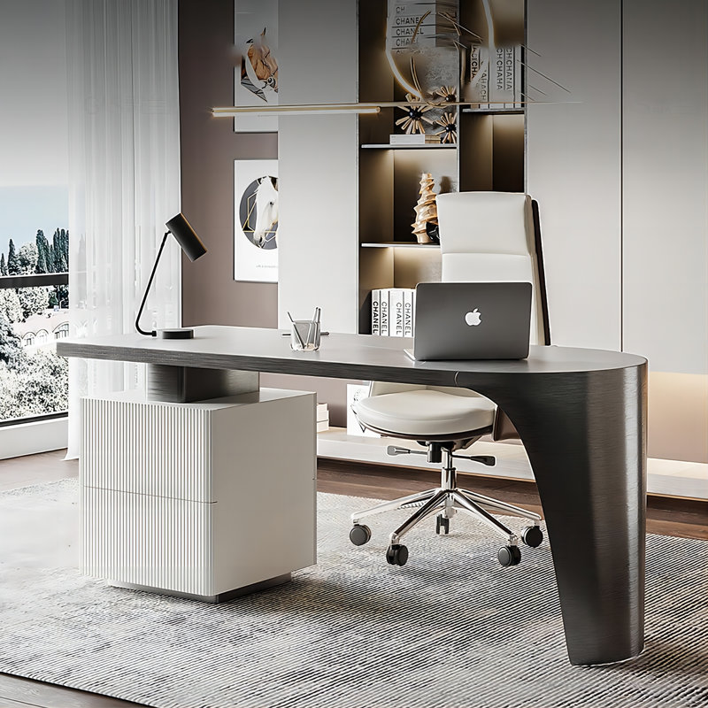 Gray Half-circle Sintered Stone Stainless Steel Desk,2-drawr, 29.53" H x 55.12" W x 27.56" D