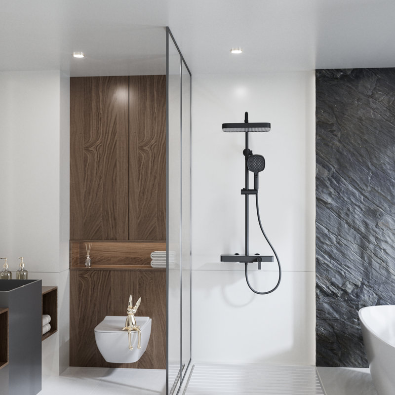 Système de douche mural à 3 fonctions avec pomme de douche carrée, douchette réglable et douchette, noir mat, Noir mat