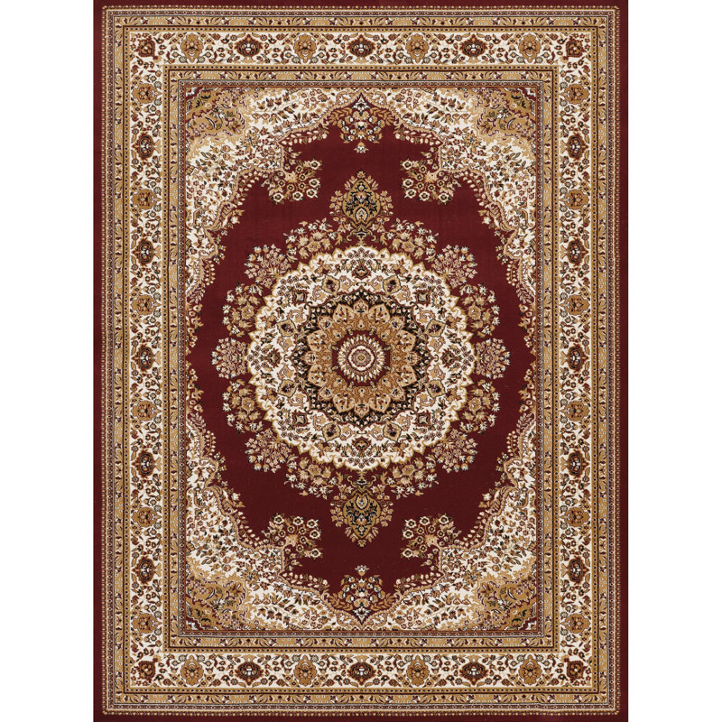 Tapis rouge, rectangulaire, fabriqué à la machine, médaillon, 2 pi X 3 pi., Majestic Central Design, envers en jute, animal de compagnie 24 po Large, 36 profond et sécuritaire, teinture