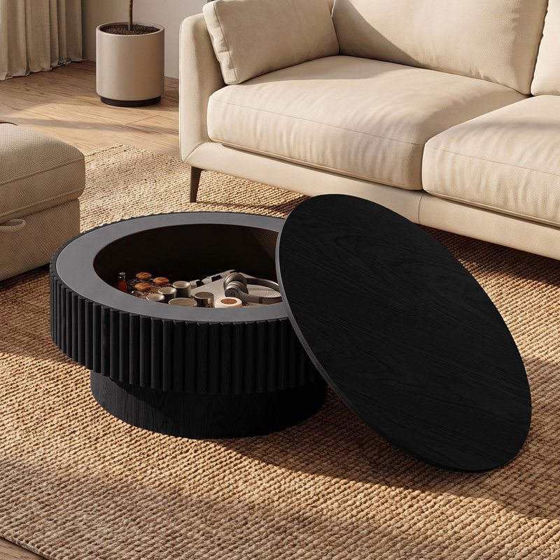 Table basse ronde avec rangement, H 14 po x l 35 po x P 35 po, Noir