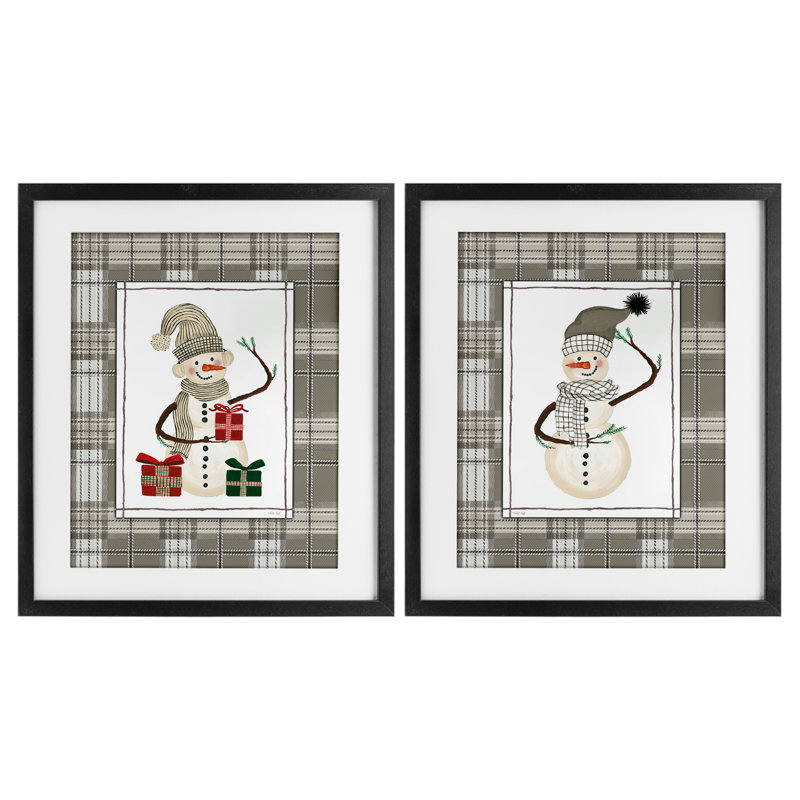 Cozy Snowmen on Plaid, ensemble de 2 reproductions encadrées sous verre, par Cindy Jacobs, Cadre noir minuit