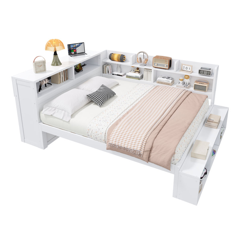 Lit de jour pleine grandeur avec armoires de rangement, armoire à chaussures et ports USB, blanc, Blanc