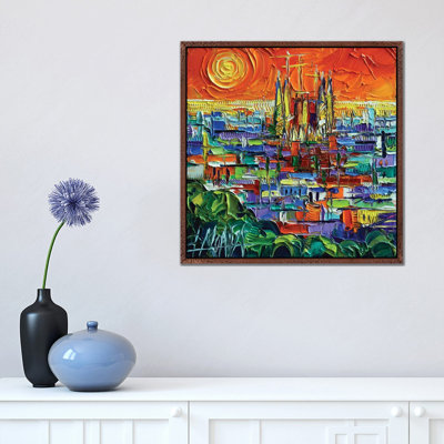 Barcelona View Stylized Cityscape by Mona Edulesco - Painting on Canvas