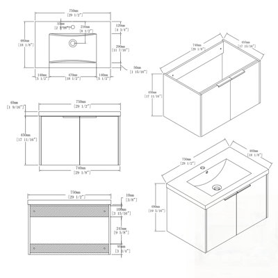 Meuble-lavabo flottant avec lavabo, porte à fermeture en douceur, lavabo en céramique, contreplaqué