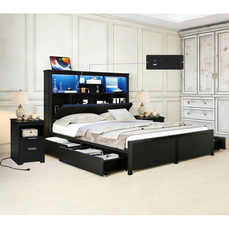 3-Pieces Metal Queen Bedroom Set with with Upolstered Headboard, Charging Station, LED Lights,High Storage Headboard and 4 Drawers, 1200LBS Weight Capacity