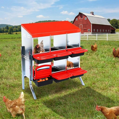 2-Tier Chicken Nesting Box, Compartmented Metal Chicken Laying Boxes with Waterproof Roof ＆ Removable Trays for Hens, Poultry，Easy Egg Collection.