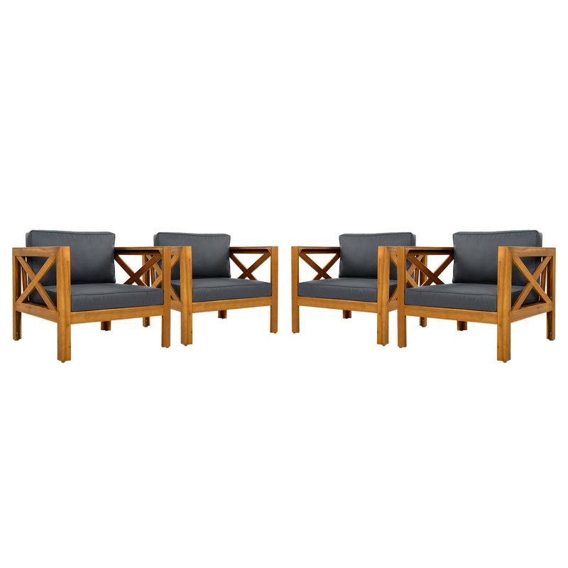 Fauteuil club d'extérieur en bois d'acacia avec coussins, Gris foncé