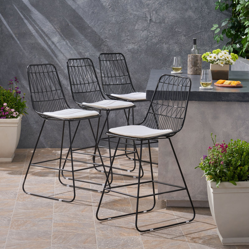 Hedy Black Iron Outdoor Counter Stools with Ivory Cushions, Set of 4