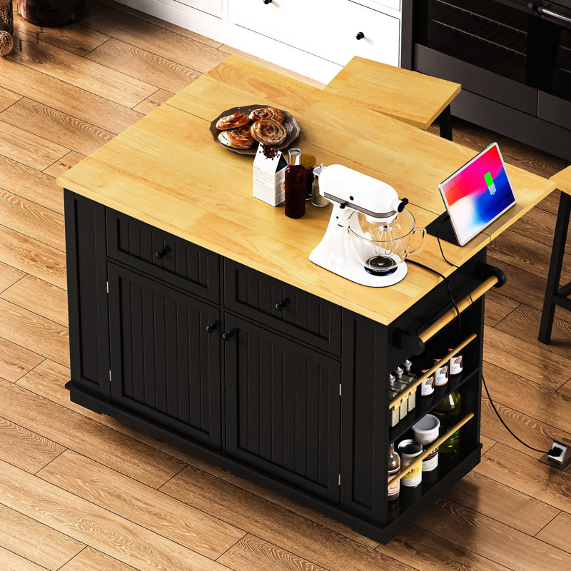 Îlot de cuisine avec bloc d'alimentation, 2 tiroirs et support de rangement interne pour condiments, Noir