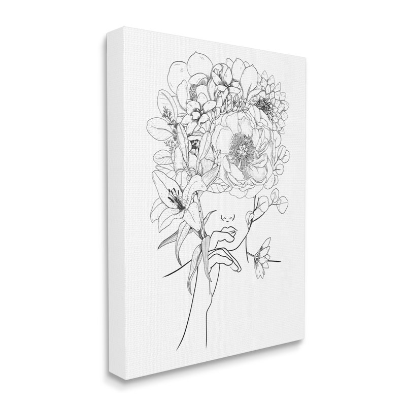 Dessin au trait, bouquet floral botanique sur le visage d'une personne, Toile tendue, L 36 po x L 36 po