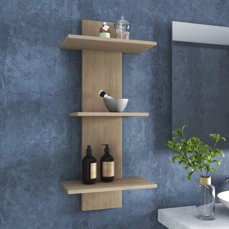 Manada Three-Tier Teak Wall Shelf, Gray