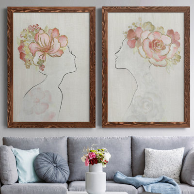 Fashion Floral Silhouette I - Ensemble de 2 peintures sur toile encadrées