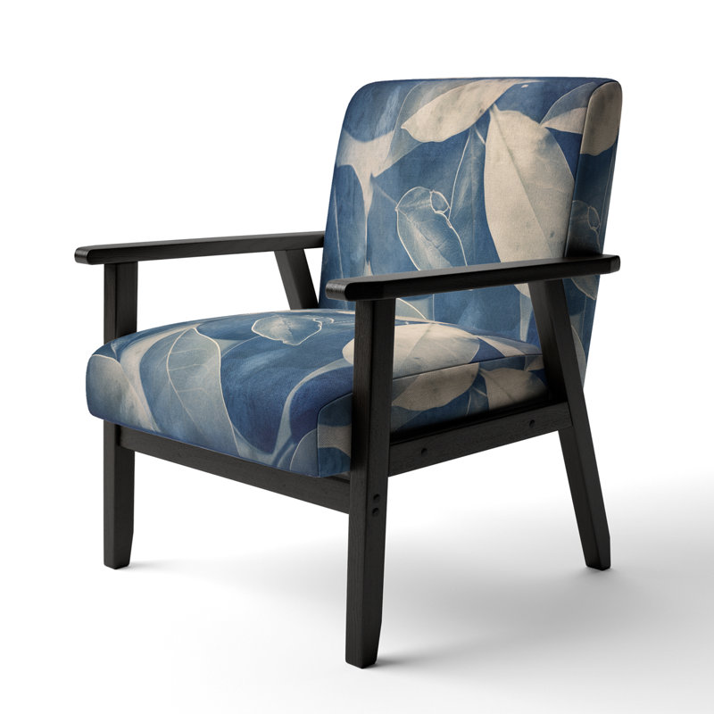 Vintage Botanical Autumn Leaves Faded Blue I - Upholstered Contemporary Arm Chair, Botanical Abstract Accent Chair