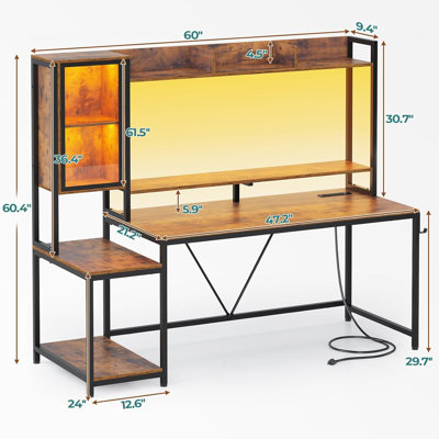 Bureau de jeu avec lumières à DEL et prises de courant, bureau d'ordinateur avec huche, bureau de bureau personnel avec support pour écran, vitrine, crochets et support pour unité centrale de traitement