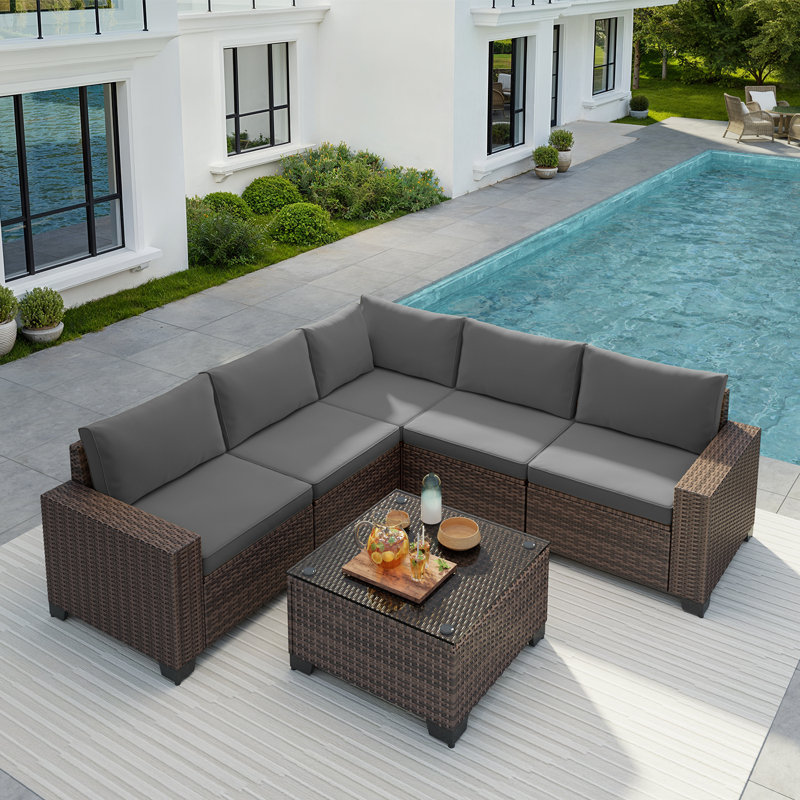 Vanarsdale 5 Piece All-Weather Rattan Sectional Set – Slanted Backrest & Coffee Table, Gray