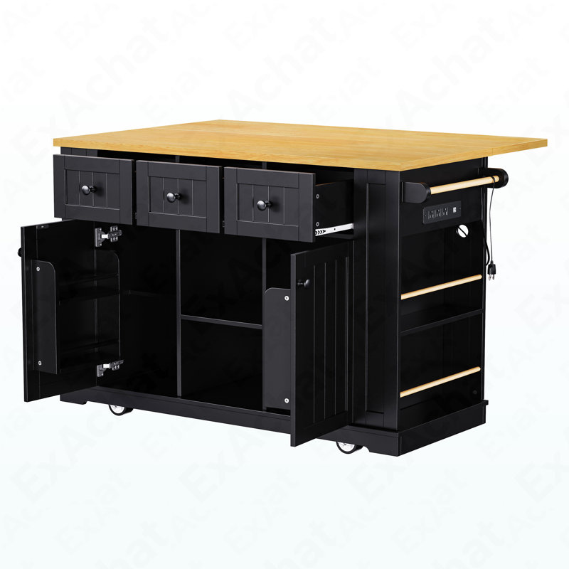 53Inch Large Kitchen Island With 2 Bar Stools, Power Outlet,Door Internal Storage Rack, Kitchen Storage Cart On 5 Wheels With Drop Leaf, 5 Open Side Racks, 3 Drawers,Black