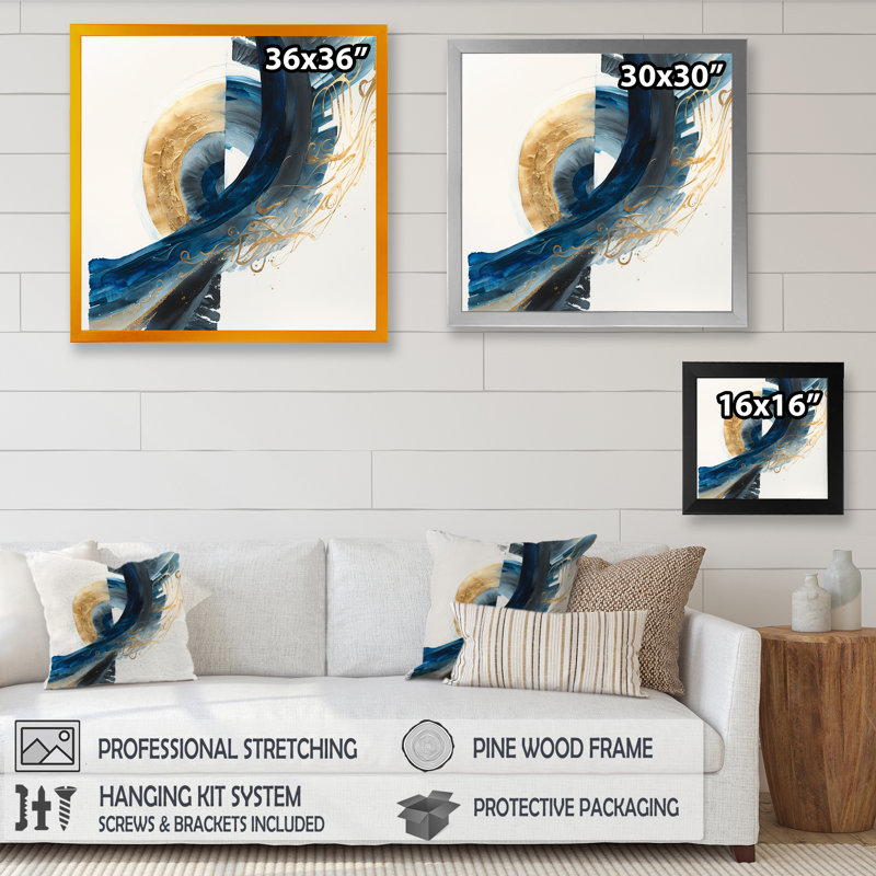 «Blue and Gold Swirl Abstract VI», peinture sur toile, Cadre photo noir, H 16 po x l 16 po x P 1 po