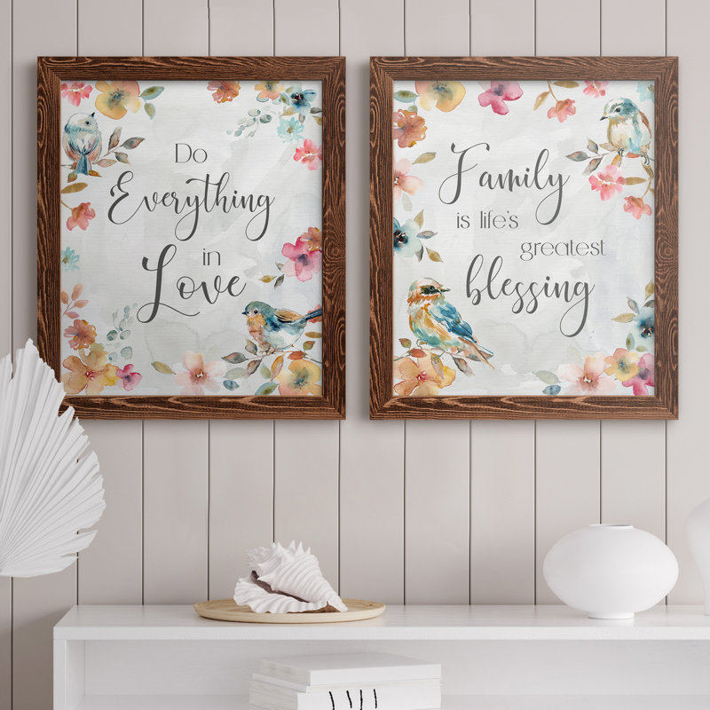 «Spring Bird Love», ensemble de 2 encadrements d'art textuel sur toile, Cadre en érable, H 37,5 po x l 55 po x P 1,5 po