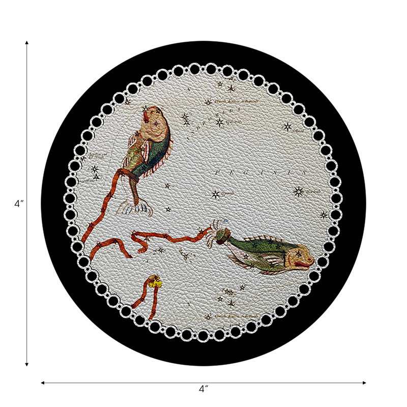 Zodiac Pisces Black Vegan Leather Round Coasters, Black