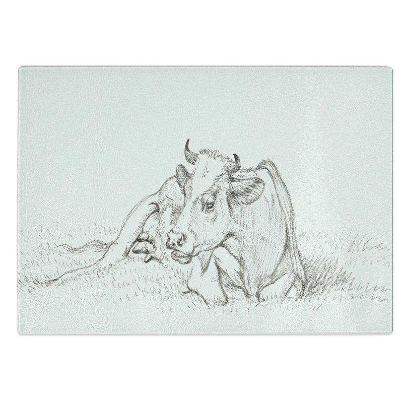 Tempered Glass Sketch of a Resting Cow by Jean Bernard Chopping Board, 28.5 cm W x 20 cm L