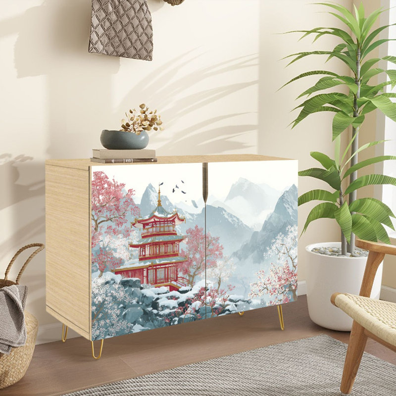 Buffet Buffet avec rangement Pagode chinoise traditionnelle enneigée, paysage de cerisiers en fleurs avec 2 portes pour le salon et la cuisine