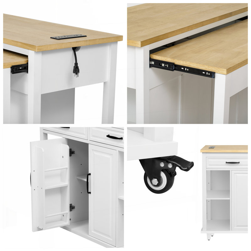 Îlot de cuisine de 47 pouces avec table de salle à manger extensible, rangement, prise de courant et tablettes réglables pour les cuisines modernes.