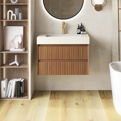 Meuble-lavabo flottant rayé flottant pré-assemblé avec tiroirs, plateau en pierre frittée et vasque encastrée en céramique, couleur grain de bois chêne brun