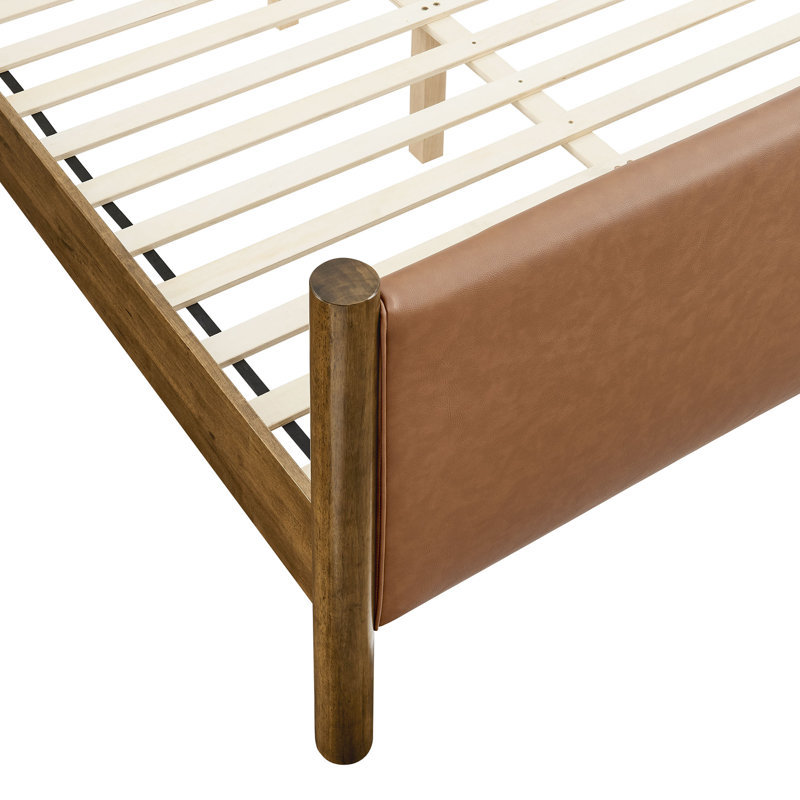 Maven Vegan Leather Upholstered Platform Bed, Solid + Manufactured Wood, Tan Walnut, Queen