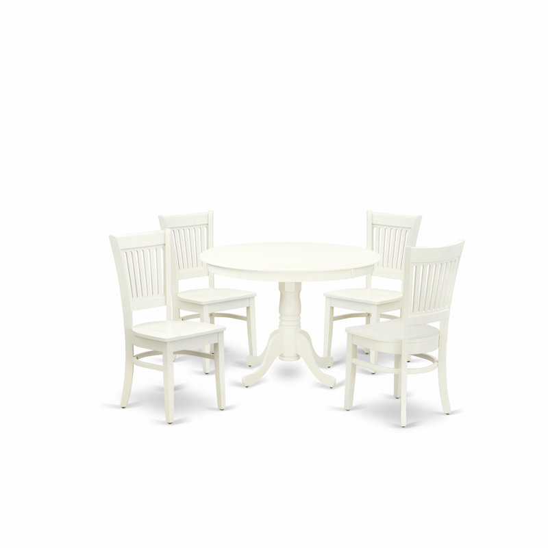 3 Piece Kitchen Table & Chairs Set Contains a Round Dining Table with Pedestal and 2 Linen Fabric Dining Room Chairs, Linen White