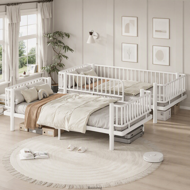 Lit superposé en métal Twin XL avec échelles, barrières de sécurité et structure tubulaire ronde, convertible en 2 lits, blanc