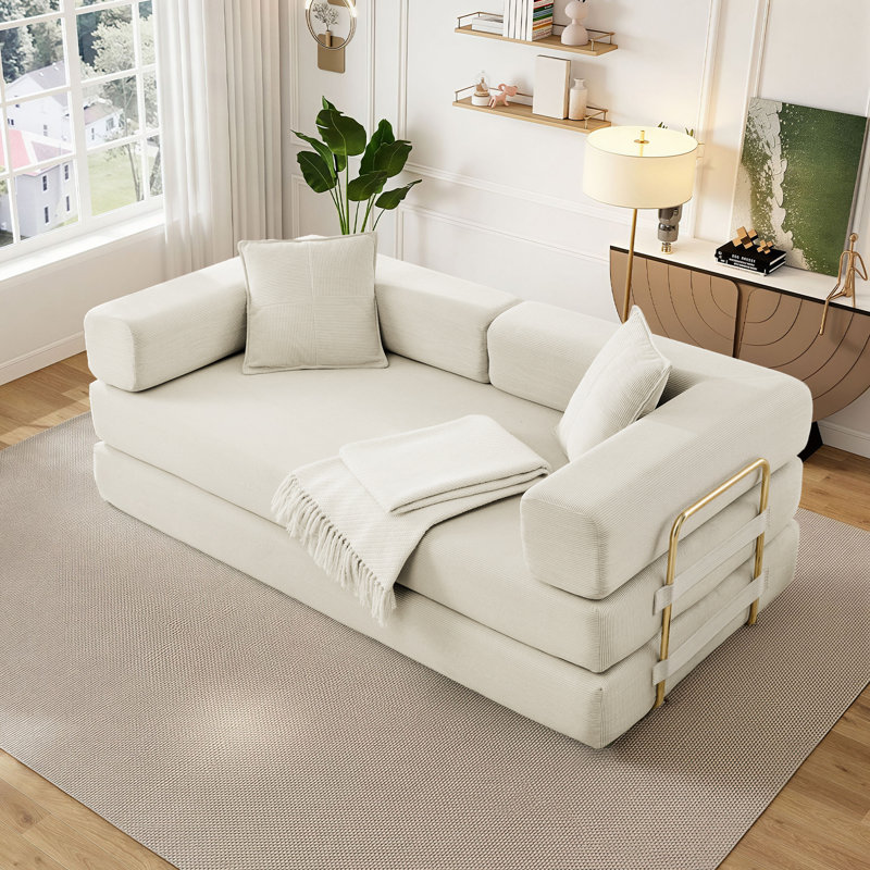Boneless Addisin King-Size Foldable Sleeper Sofa Bed – Convertible Compression Mattress Couch with 2 Removable Bolster Armrests & 2 Pillows