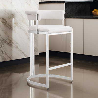 Cid Lisa Counter Stool Chair, White Faux Leather, Stainless Steel Legs