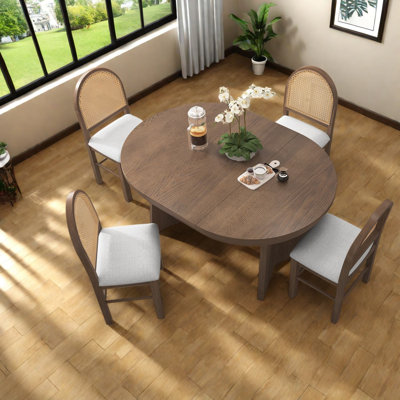 Ensemble de table et chaises extensibles rondes (table et chaises incluses), 5 pièces, en MDF beige rustique noyer, pour la cuisine et la salle à manger.