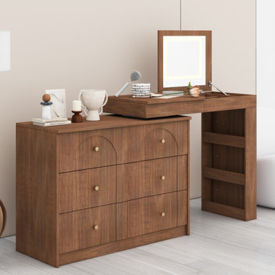 Flip-Top Makeup Vanity Desk with LED Mirror, 3 Color Modes Lights & Multi-Storage Compartments and Drawers