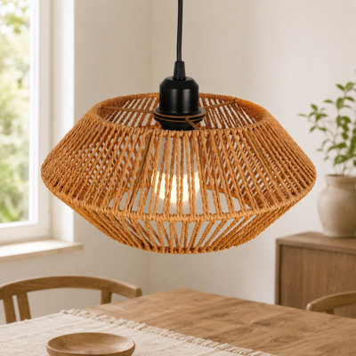 12.4" Woven Rope Pendant Light, Black Cage Hanging Light for Dining Room, Hallway & Kitchen Island