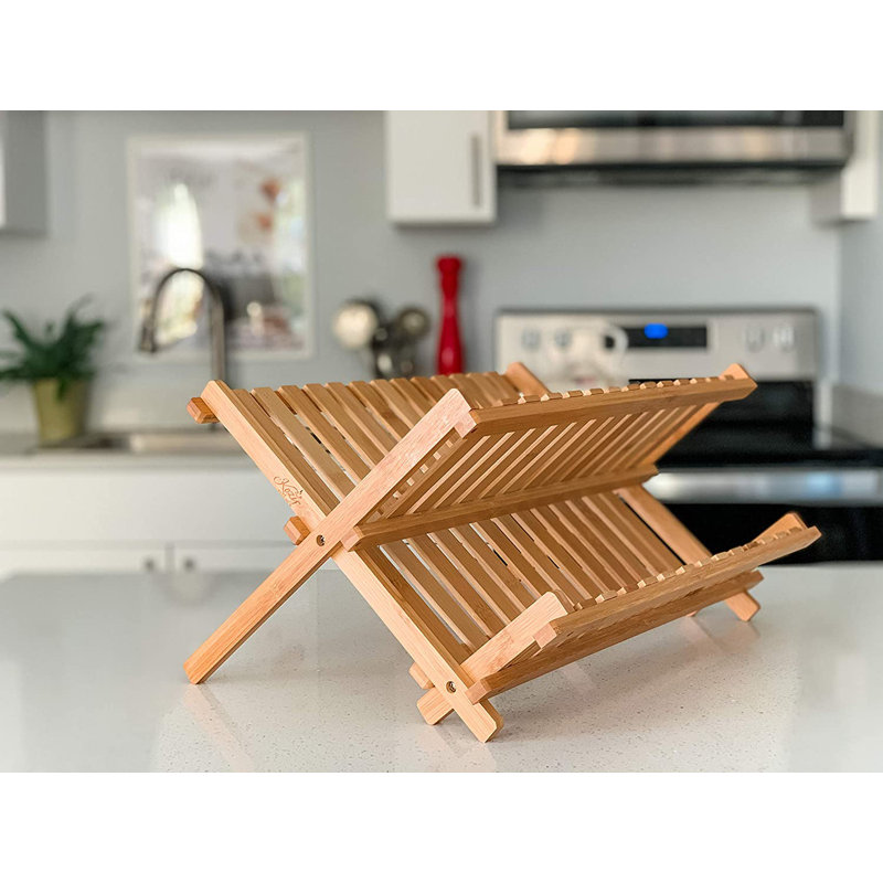 Natural Bamboo Foldable Dish Drying Rack with Two Tiers