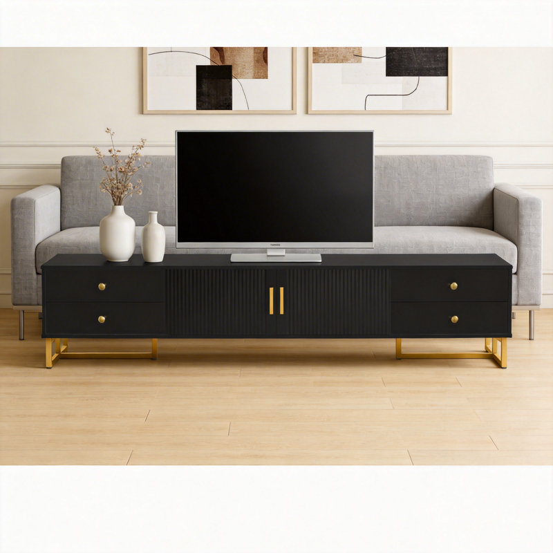  TV Stand for TVs up to 65 Inches, Entertainment Center with Wave Groove Cabinet Doors and T-Shape Metal Frame, Media Console with 4 Drawers & Storage Cabinet, Cable Management System