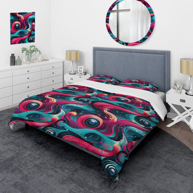 Literie rose et bleue Retro Waves II, Housse de couette pour très grand lit et 2 très