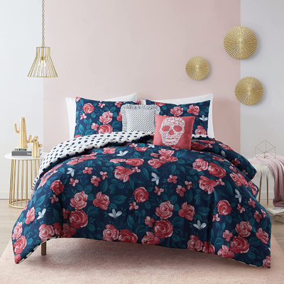 Mudd 5-Piece Reversible Comforter Set, 1 Quilt, 2 Pillows, 2 Shams, Full/Queen Microfiber Comforter Set, Polka Dot Floral -  TARPRO21B109