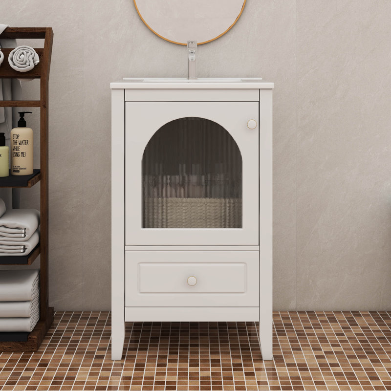 Meuble-lavabo de 20 po avec lavabo, armoire de salle de bain avec porte en verre à fermeture douce, Blanc
