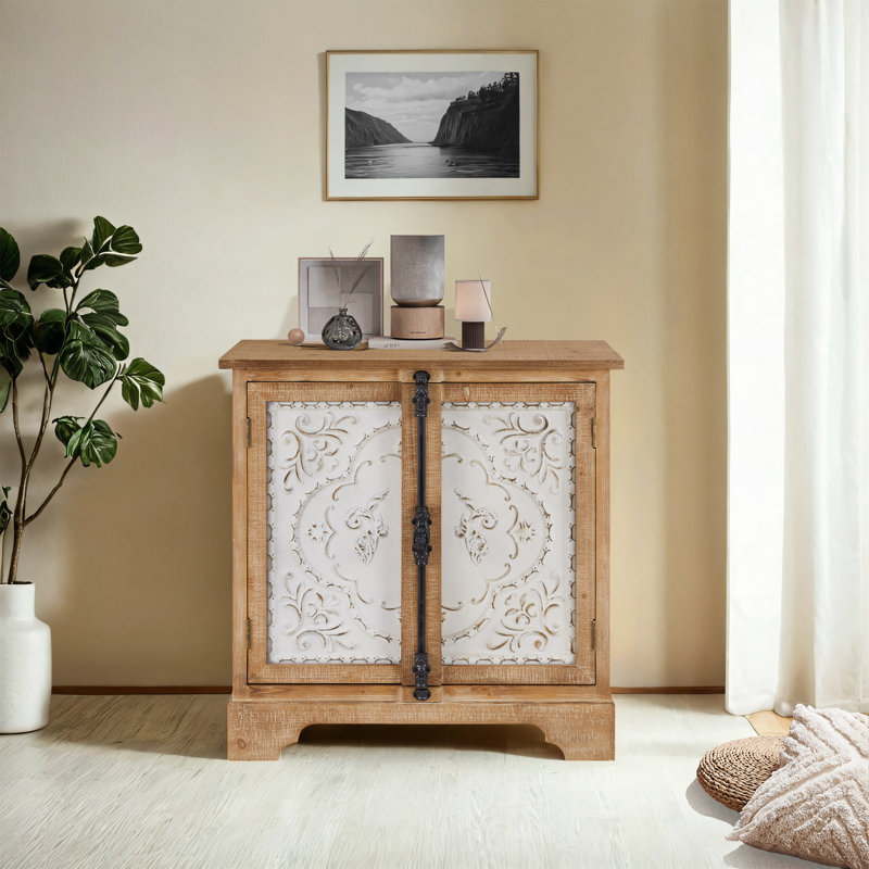 Delkeith Retro Solid Wood 2 Door Storage Accent Cabinet, Natural