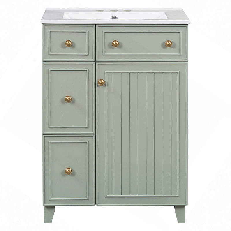 Meuble-lavabo 24 po avec lavabo en céramique, 2 tiroirs, 1 porte, Vert / doré