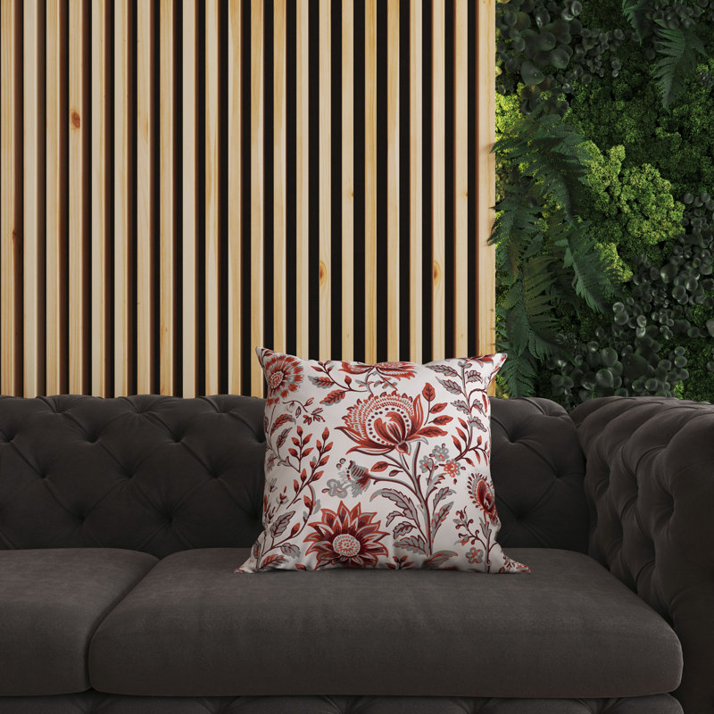 Red and Gray Floral Faux Suede Square Throw Pillow