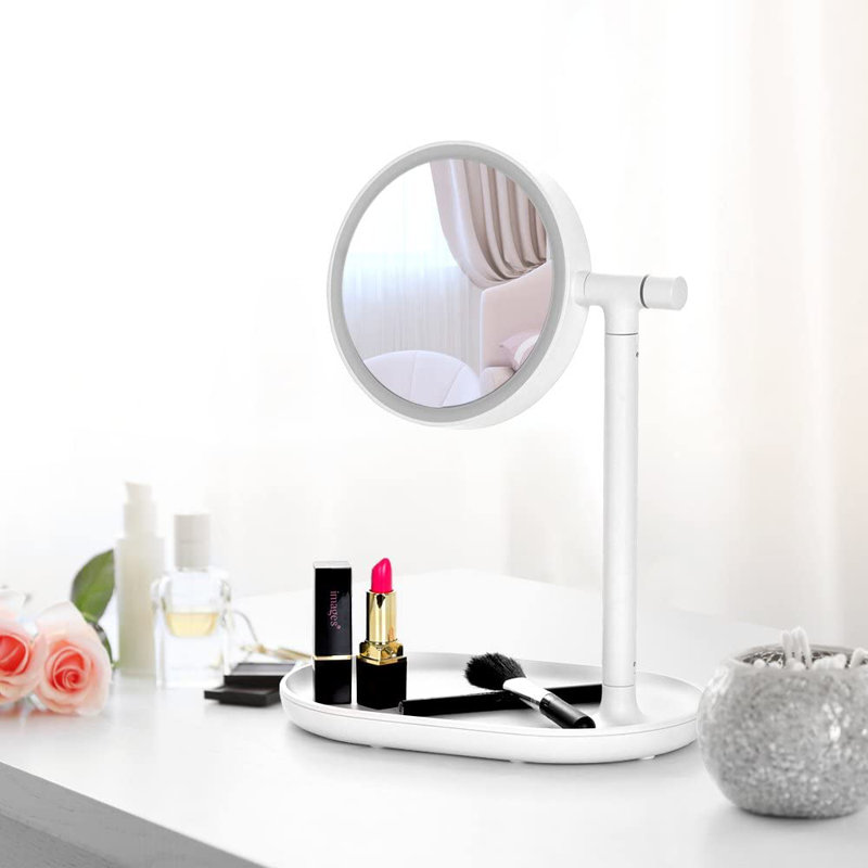 Miroir de maquillage lumineux avec plateau de rangement pour cosmétiques, Blanc