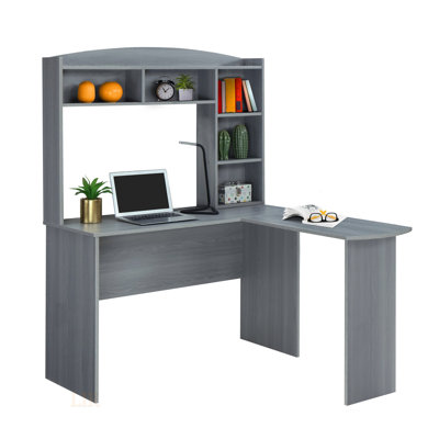 Techni Mobili Modern L-Shaped Desk With Ample Storage And Grey Woodgrain Surface, Perfect For Home Office And Study Areas.