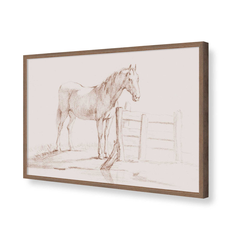 Cheval debout à une clôture par Jean Bernard, reproduction d'art, H 30 po x l 40 po, Brun