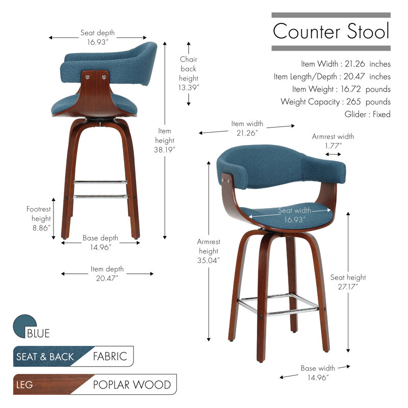 Keisha Swivel Fabric Mid-Century Stool, Counter Stool (27.17" Seat Height), Blue